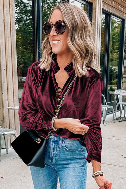 Burgundy Frilled Neck Buttoned Front Velvet Top | Biking Red