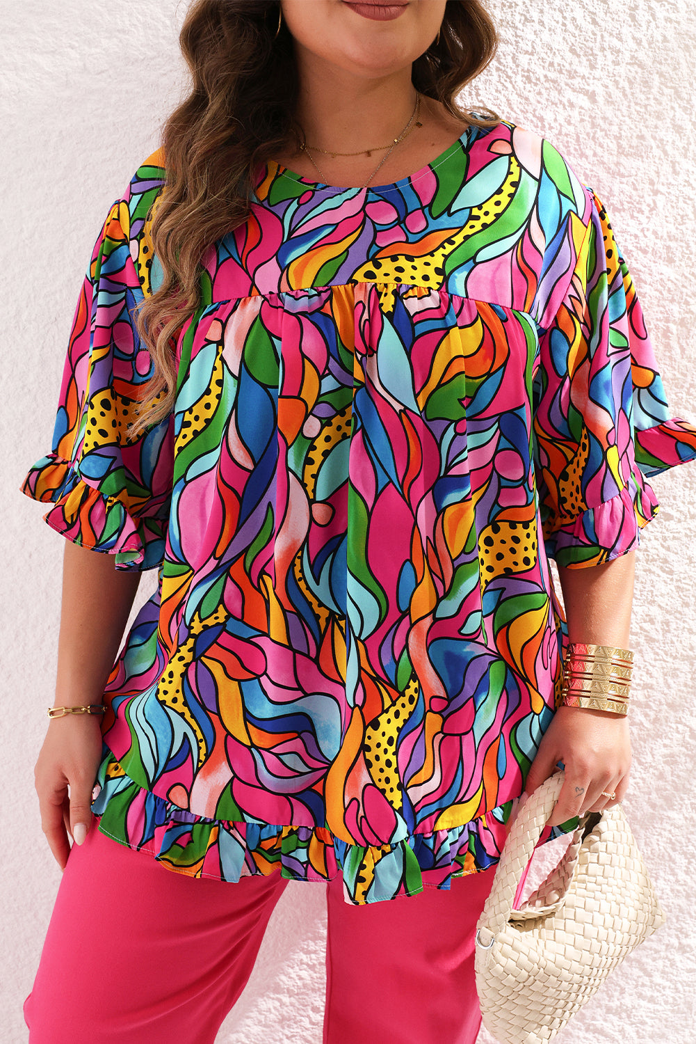 Abstract Print Plus Size Frilly Trim Blouse | Rose