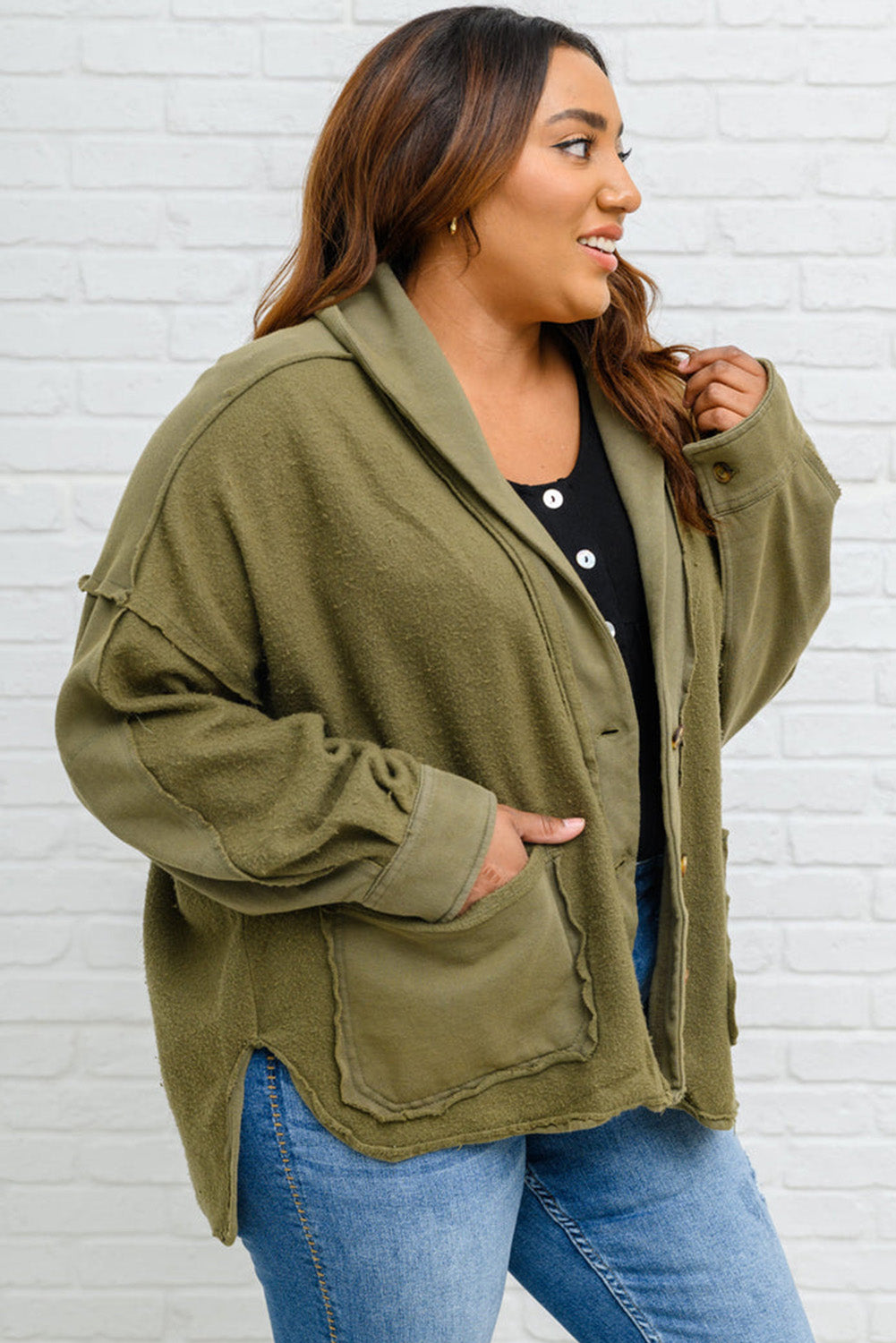 Plus Size Exposed Seam Terry Patchwork Hooded Jacket | Green