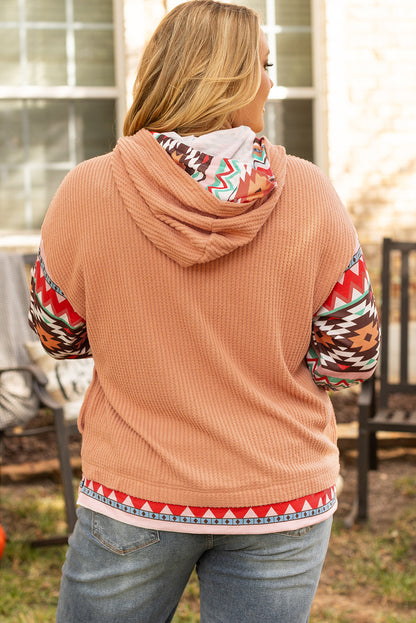 Aztec Patchwork Waffle Knit Plus Size Hoodie | Khaki