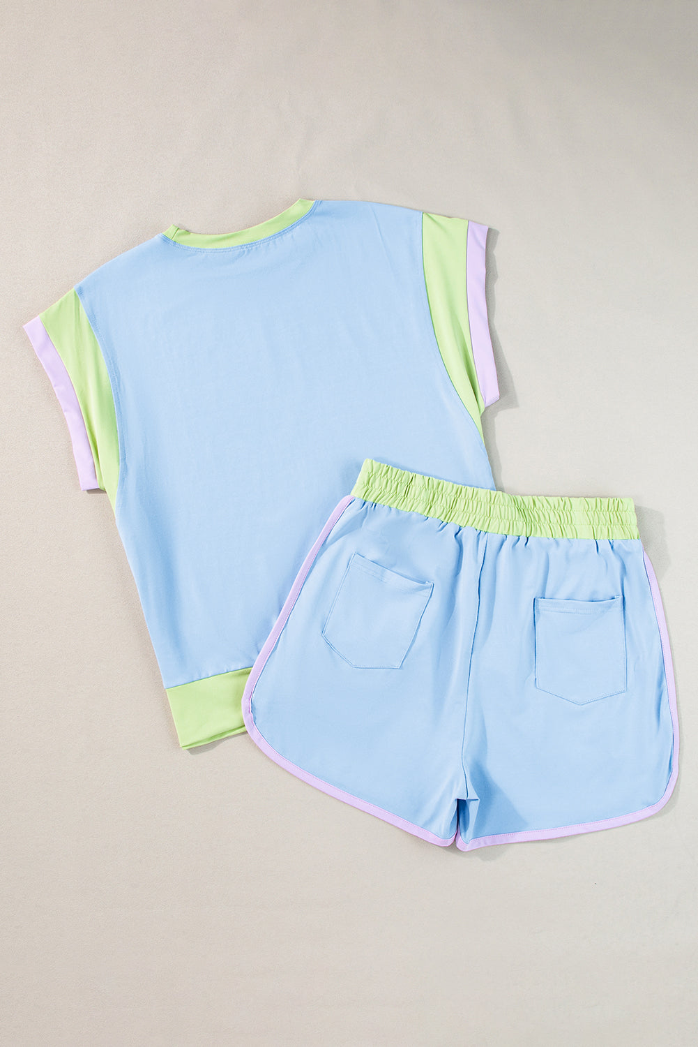 Contrast Trim Cap Sleeve Tee Shorts Set | Blue