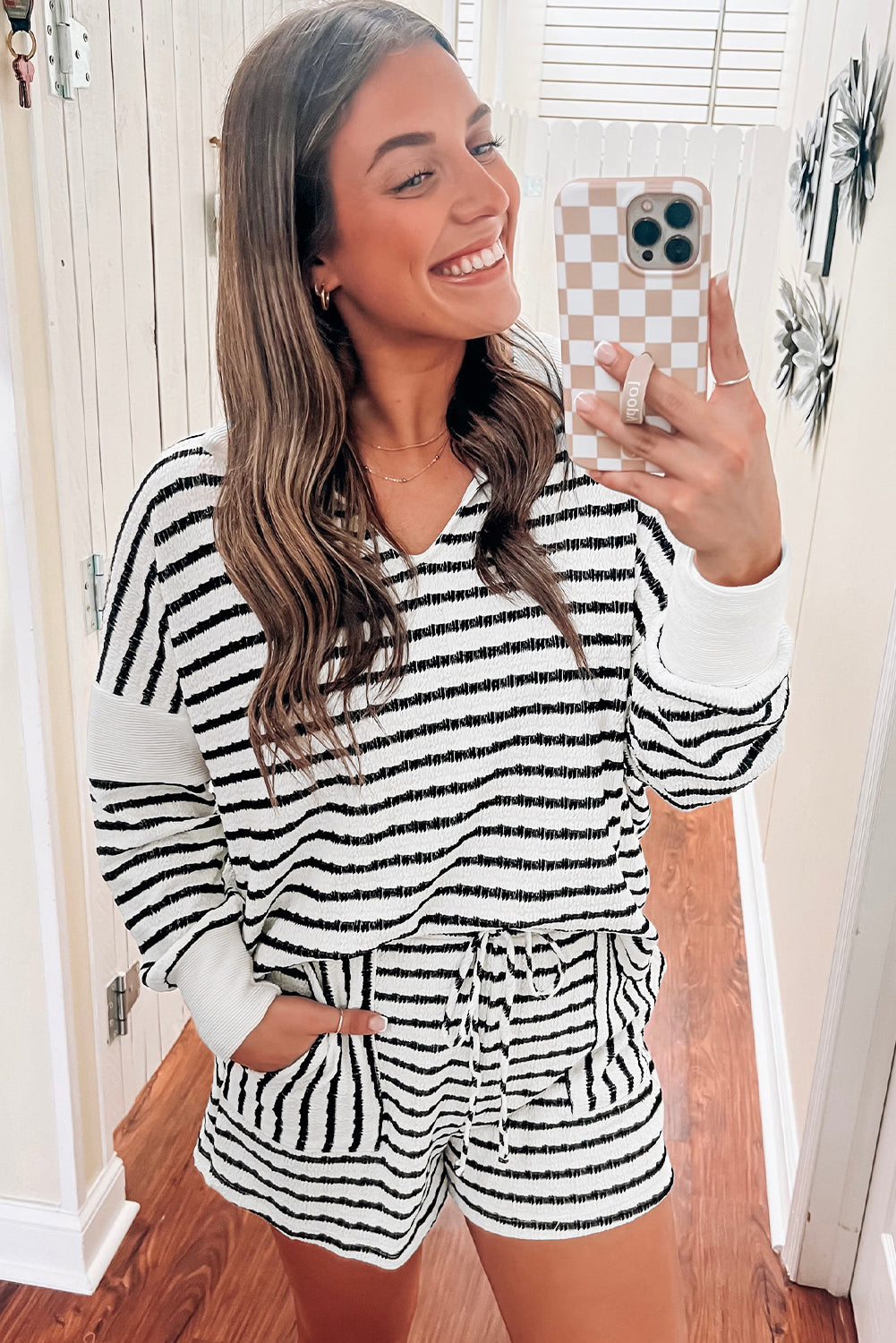 Collared V Neck Long Sleeve Top Plus Shorts Set | Black Stripe