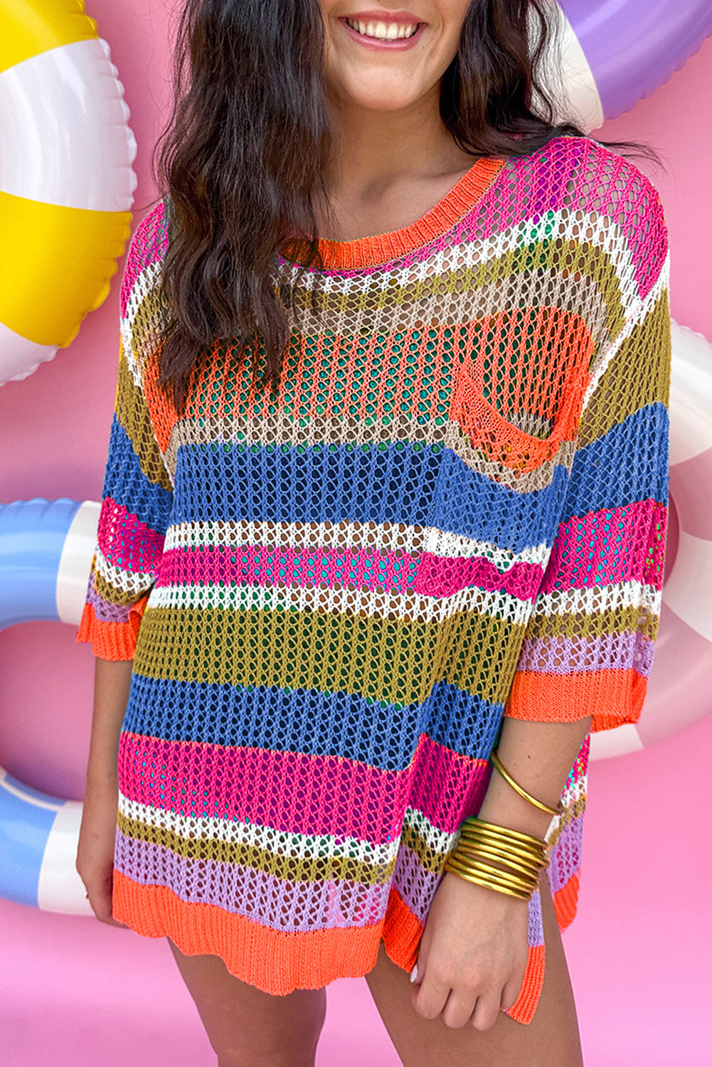 Colourblock Hollowed Crochet 3/4 Sleeve Sweater | Orange Stripe