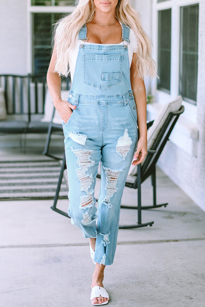 Constructed Bib Pocket Distressed Denim Overalls | Sky Blue