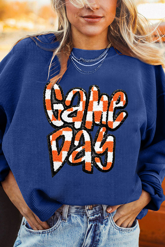 Dark Blue Chenille Checkered Game Day Graphic Drop Shoulder Corded Sweatshirt