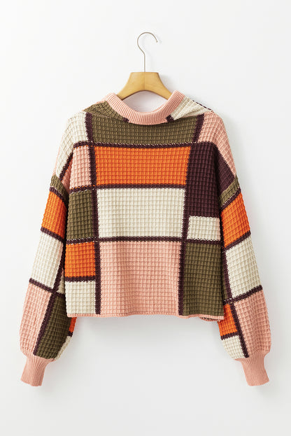 Colour Block Waffle Knit Drawstring Mock Neck Sweater | Orange