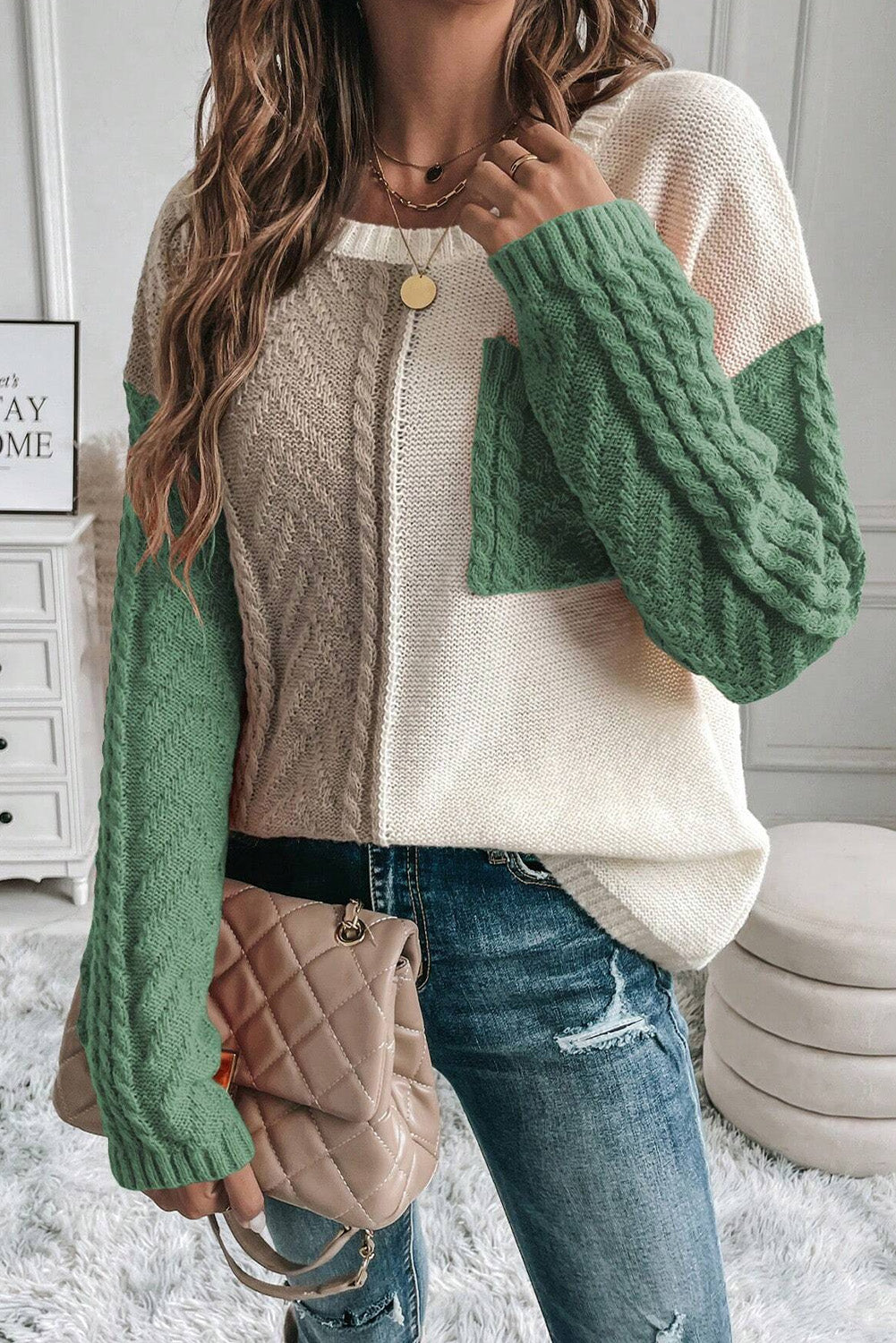 Colourblock Patched Pocket Drop Shoulder Sweater | Vineyard Green