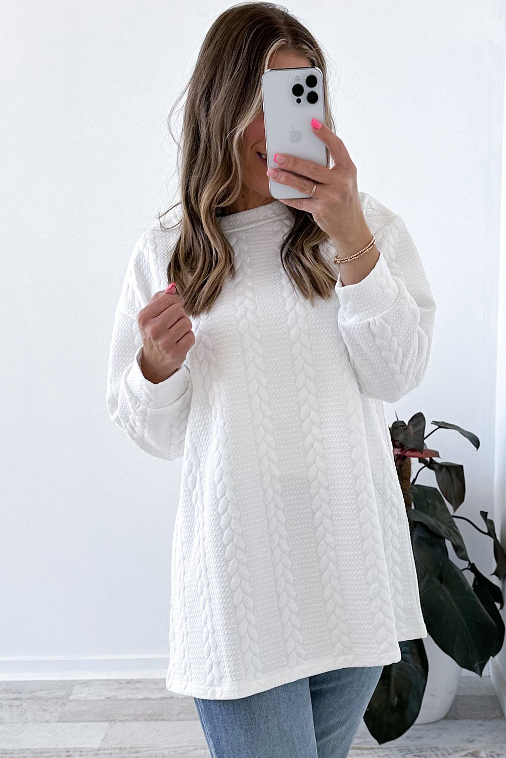 Cable Textured Long Sleeve Round Neck Top | White