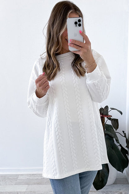 Cable Textured Long Sleeve Round Neck Top | White