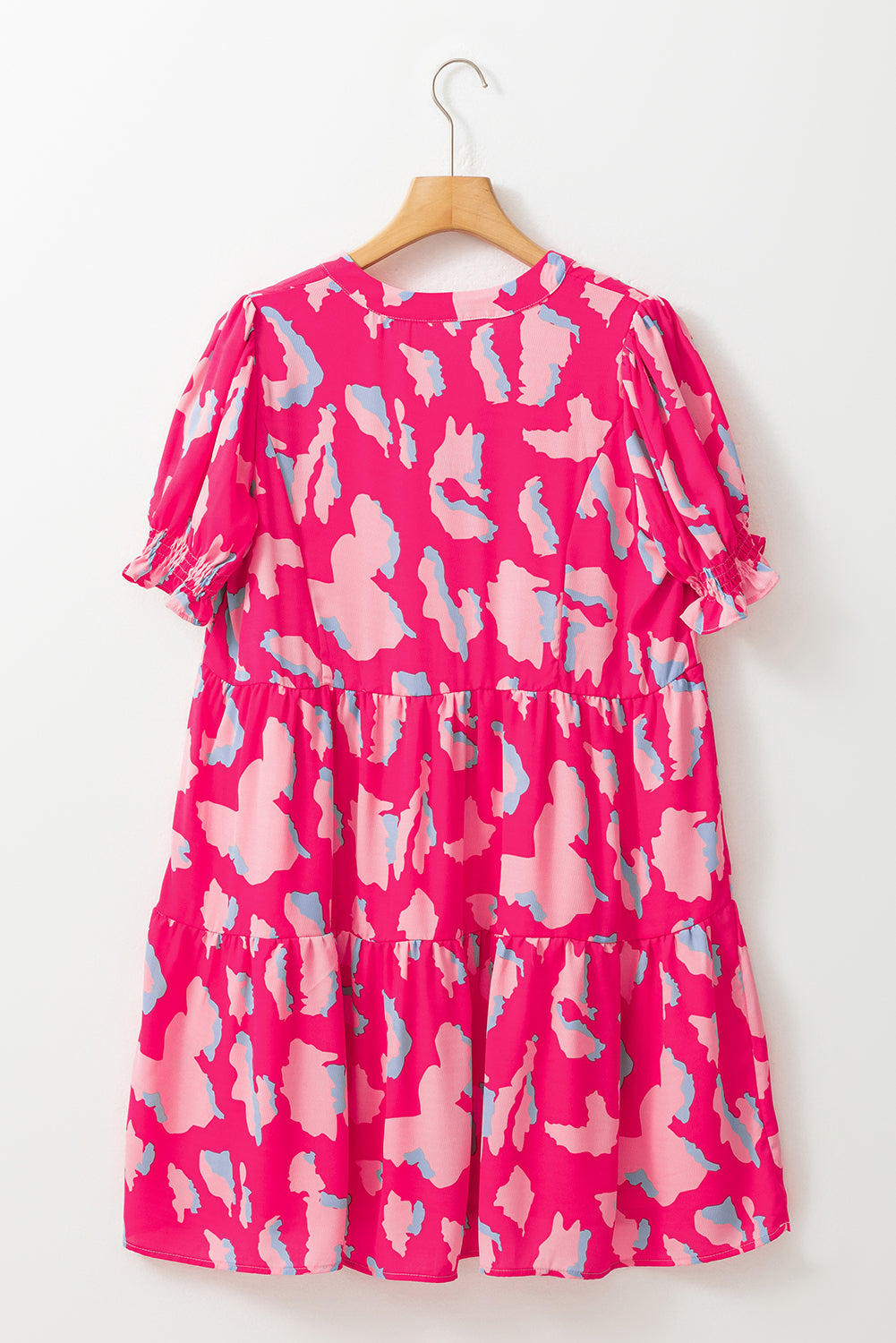 Abstract Printed Puff Short Sleeve Tiered Loose Dress | Pink