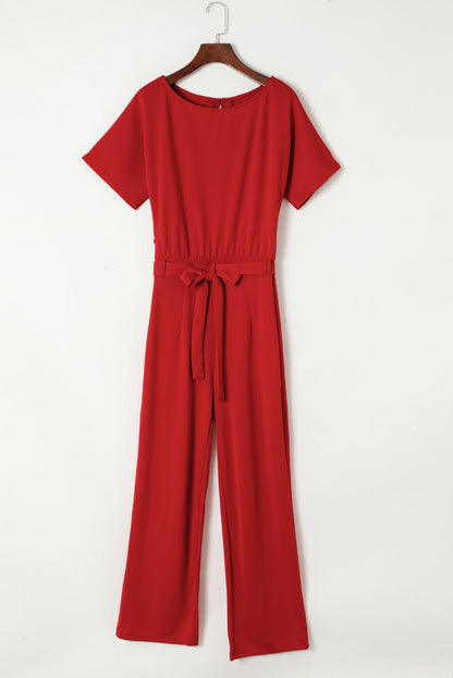 Fiery  Belted Wide Leg Jumpsuit | Red