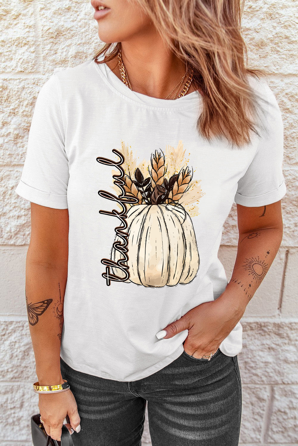 Harvest Pumpkin Graphic Thanksgiving Tee | White