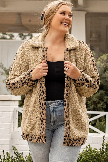 Plus Size Leopard Trim Button Up Sherpa Jacket | Khaki