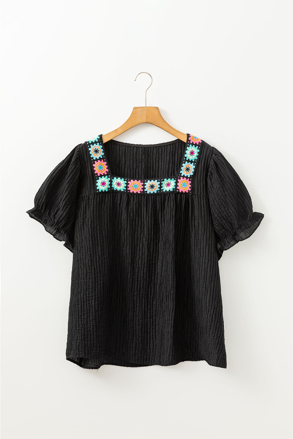 Floral Crochet Square Neck Ruffled Short Sleeve Flowy Plus Size Top | Black