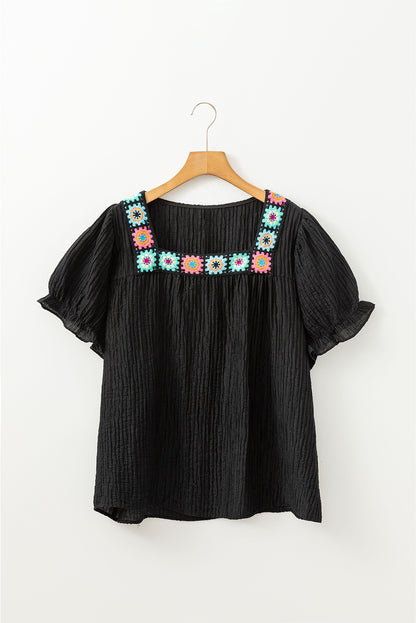 Floral Crochet Square Neck Ruffled Short Sleeve Flowy Plus Size Top | Black