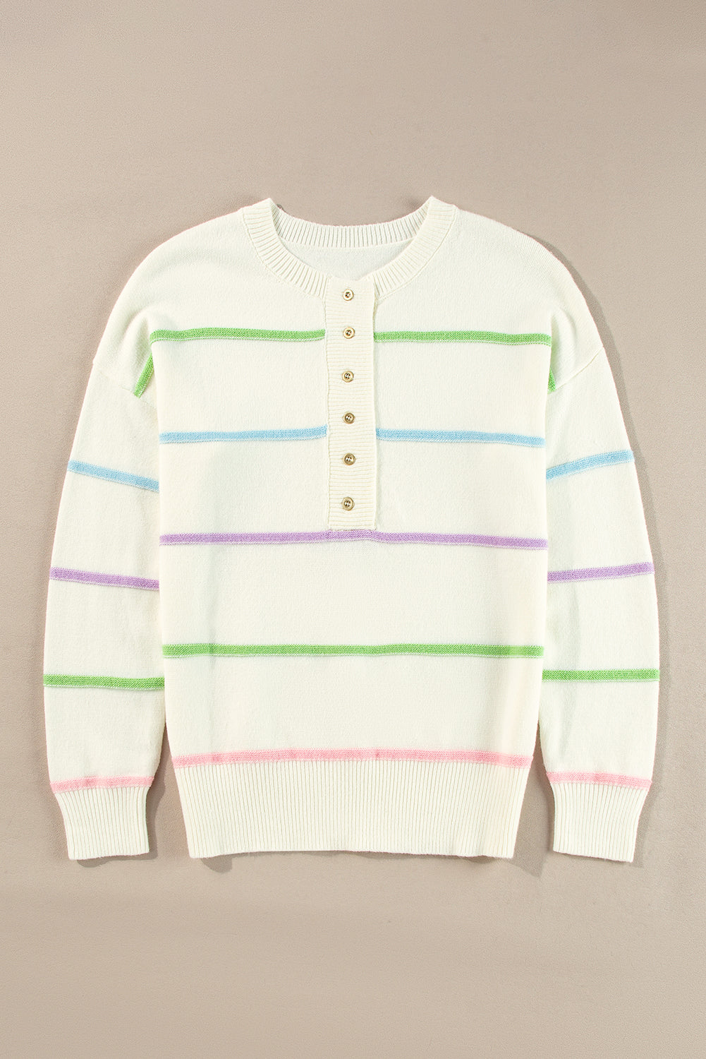 Rainbow Stripes Drop Shoulder Baggy Henley Sweater | White