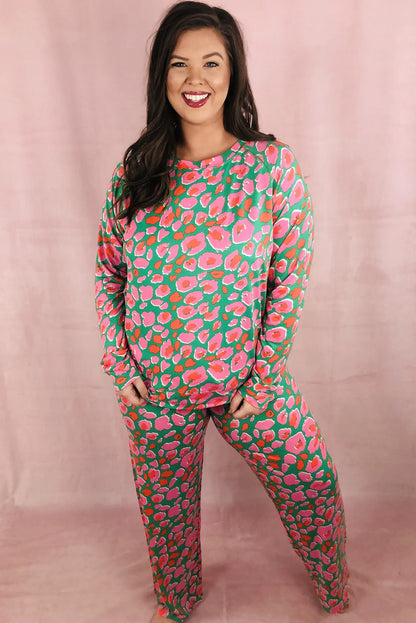 Plus Size Printed Long Sleeve And Pants Lounge Set | Green