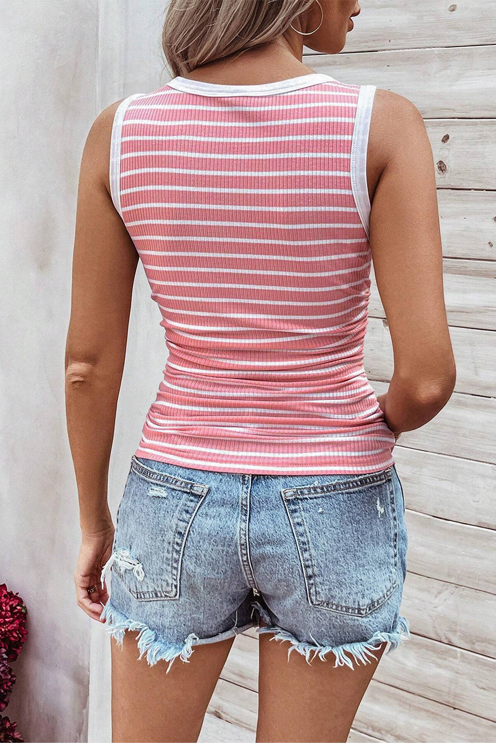 Contrast Round Neck Sleeveless Slim Top | Pink Stripe