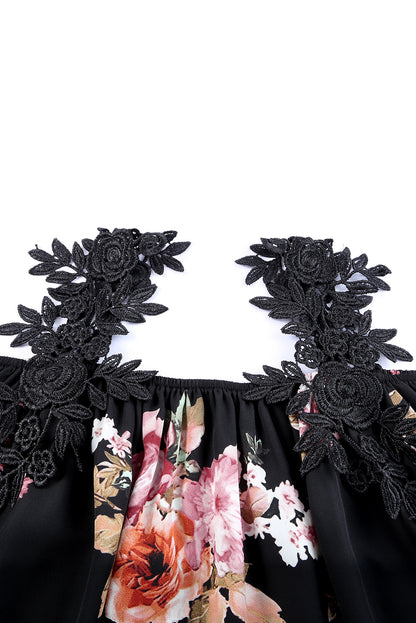 Floral Print Lace Patchwork Loose Cold Shoulder Blouse | Black