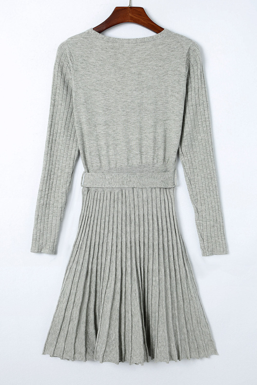 Belted V Neck Ribbed Pleated Sweater Dress | Gray