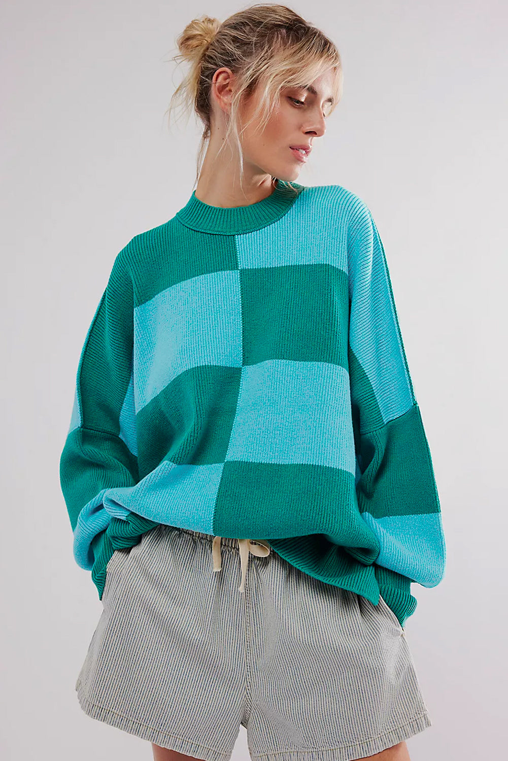 Checkered Side Slits Drop Shoulder Oversized Sweater | Green