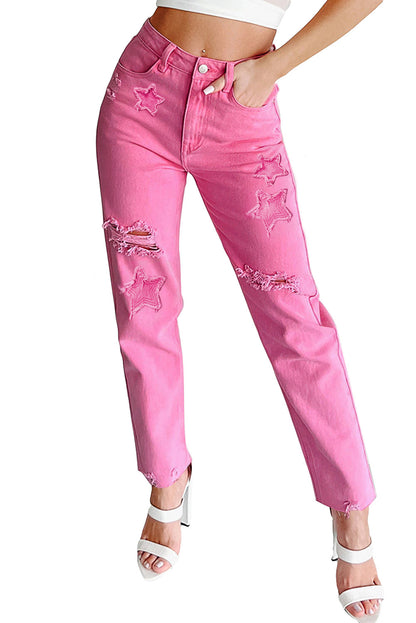 Star Shape Patchwork Mid Waist Straight Leg Jeans | Pink