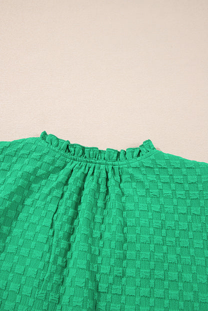 Textured Puff Short Sleeve Notched V Neck Top | Bright Green