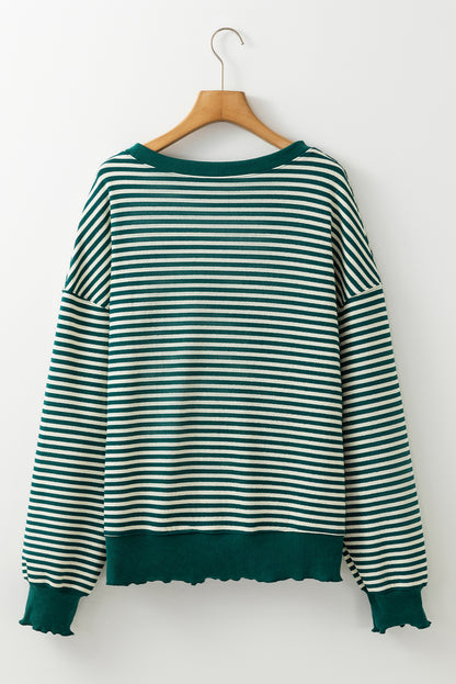 Loose Drop Shoulder Long Sleeve Top | Green Stripe