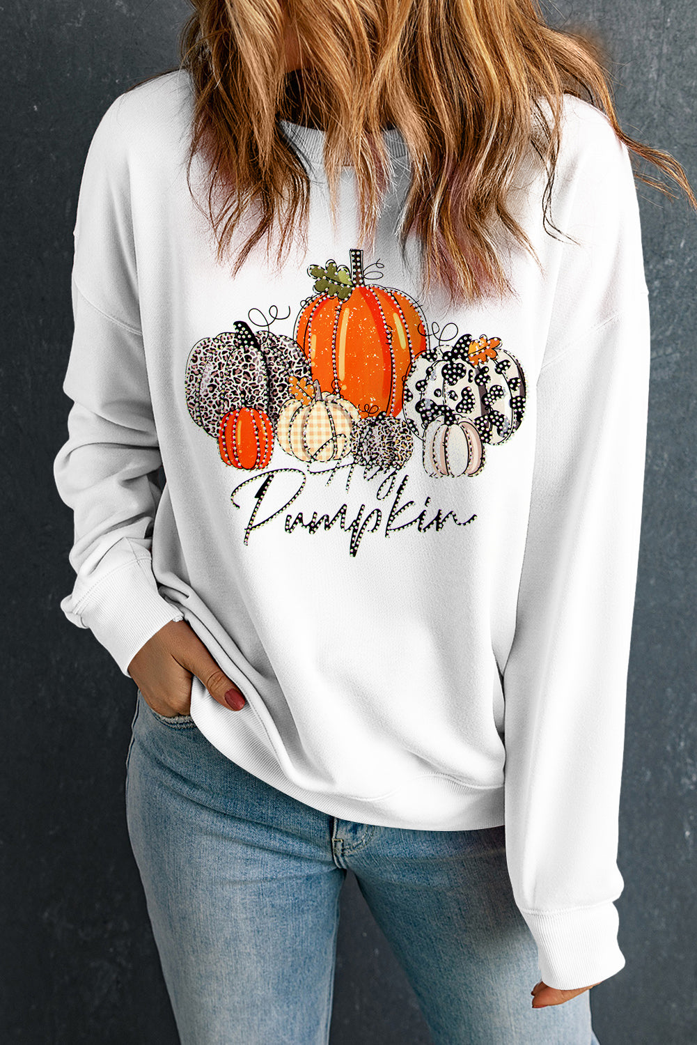 Rhinestone Pumpkin Graphic Crewneck Thanksgiving Sweatshirt | Beige