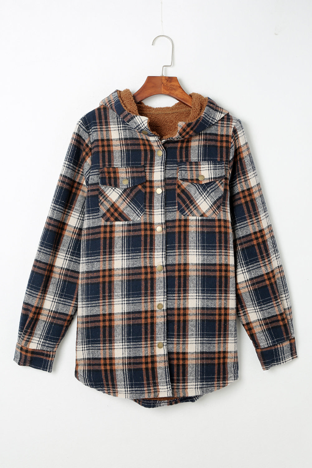 Plaid Pattern Sherpa Lined Hooded Shacket | Blue