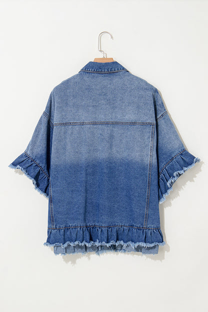 Ruffled Frayed Short Sleeve Plus Size Denim Jacket | Peacock Blue