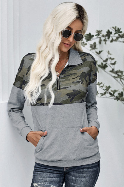 Camo Splice Gray Kangaroo Pocket Zip Collar Sweatshirt | Green