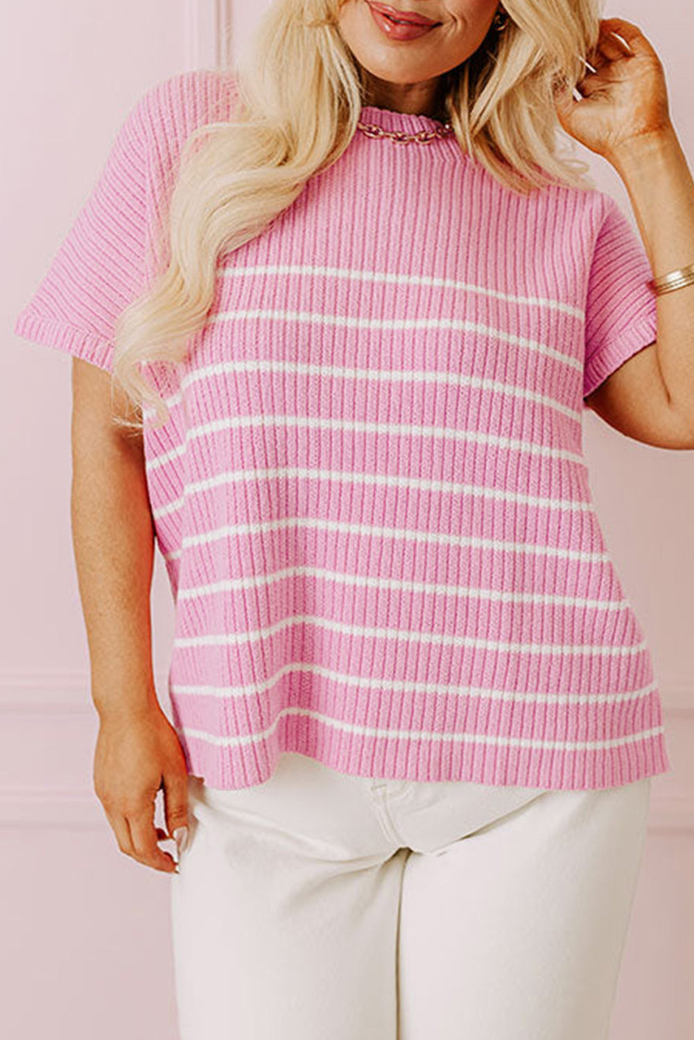 Ribbed Loose Plus T Shirt | Pink Stripe