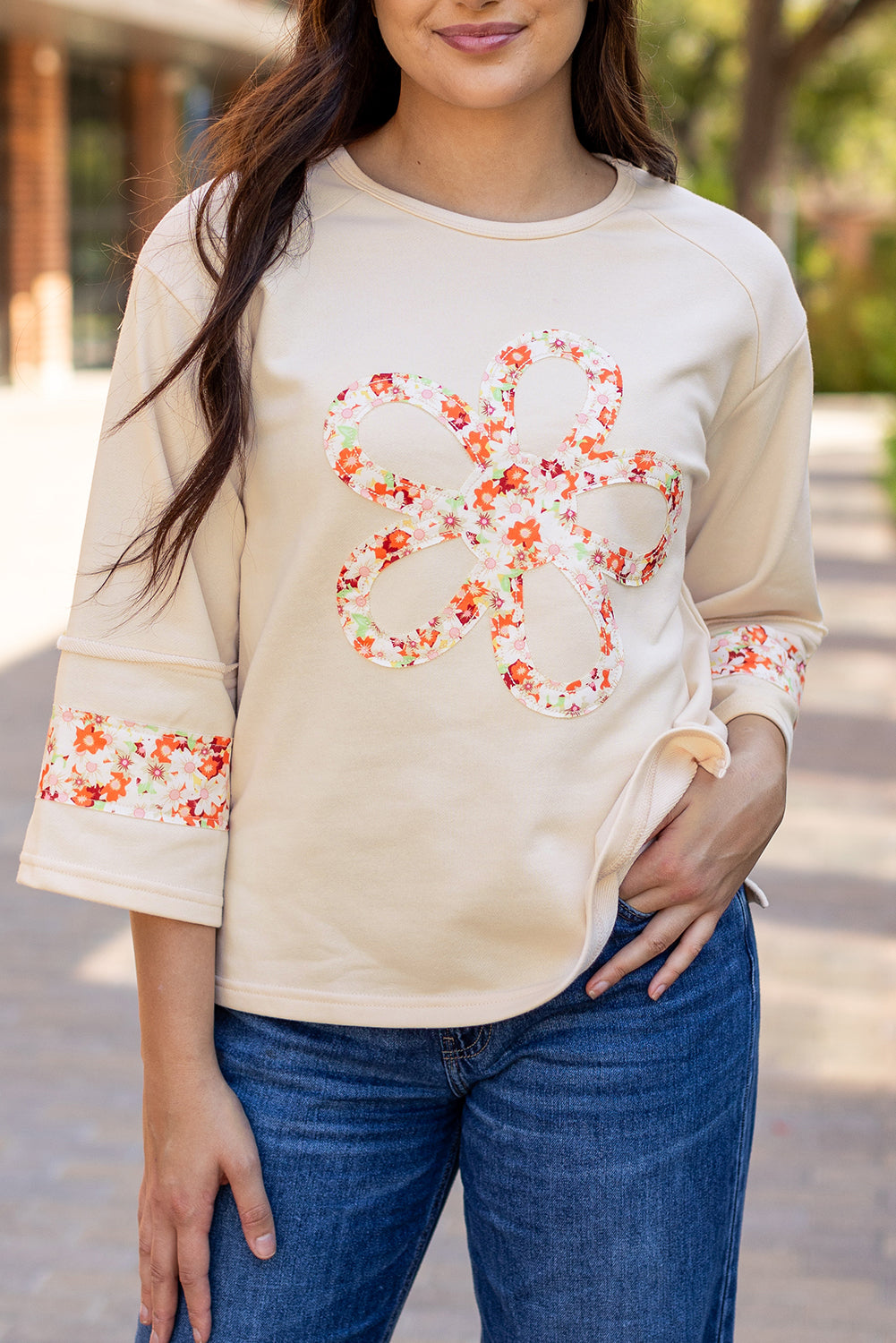 Flower Patch Graphic Exposed Seam Wide Sleeve Top | Beige