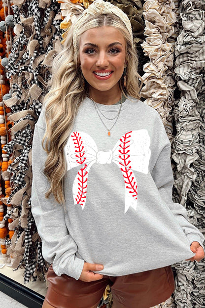 Rugby Football Bowknot Graphic Game Day O Neck Sweatshirt | Gray