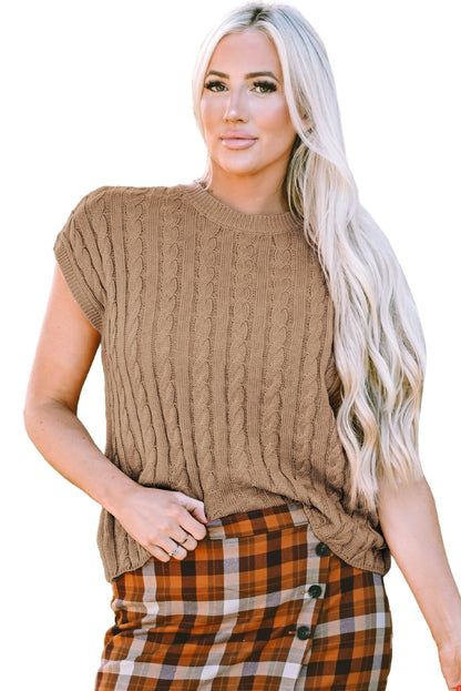 Crew Neck Cable Knit Short Sleeve Sweater | Light French Beige