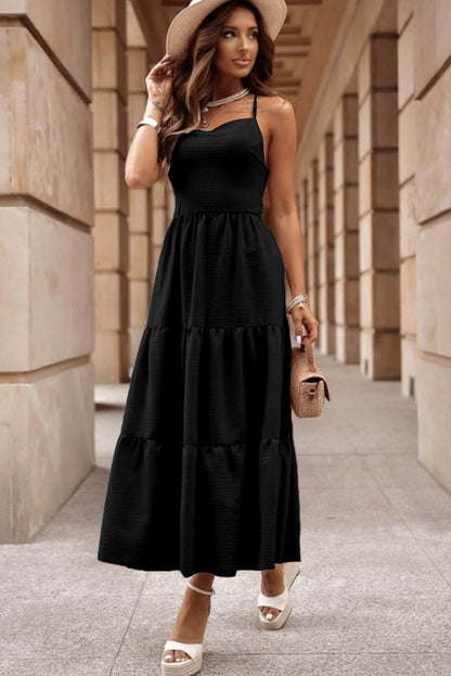 Crossover Backless Bodice Tiered Maxi Dress | Black