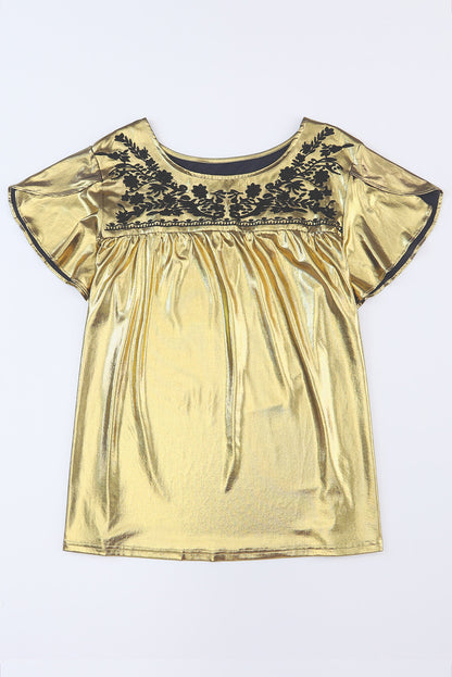 Plus Size Floral Embroidered Short Sleeve Top | Gold