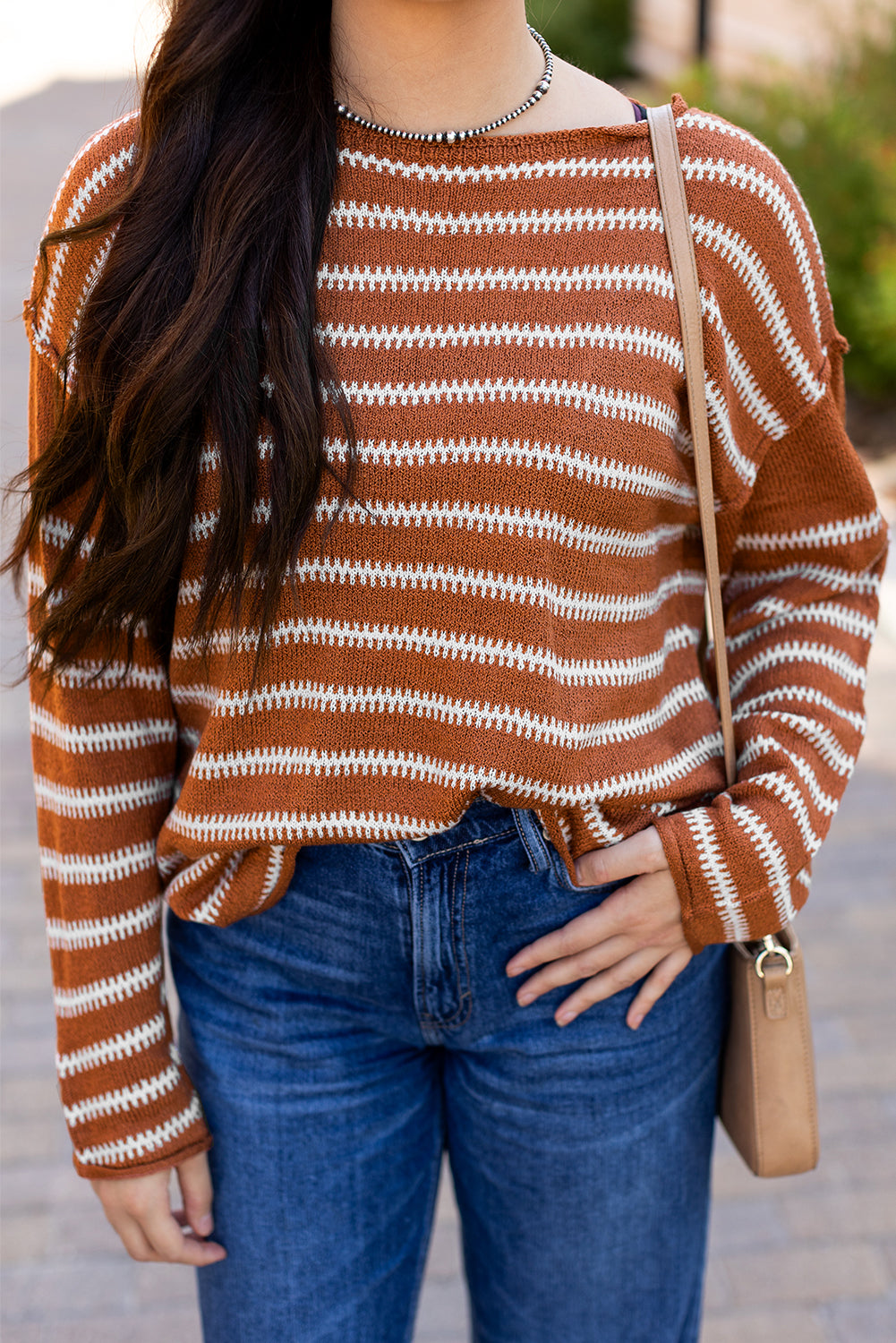 Drop Shoulder Casual Sweater | Brown Stripe