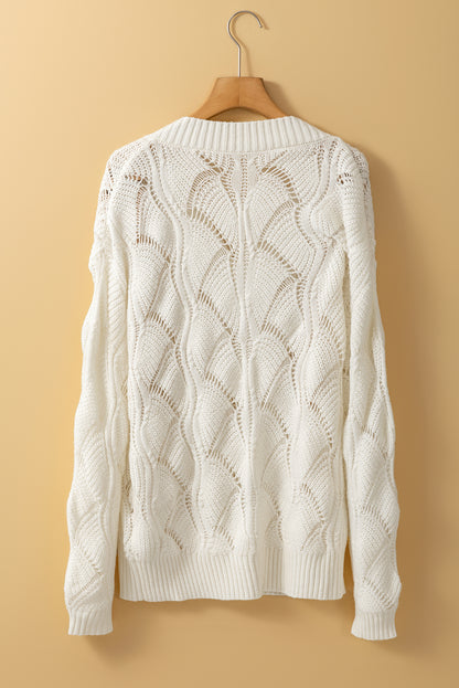 Hollow Out Knit V Neck Drop Shoulder Sweater | Beige