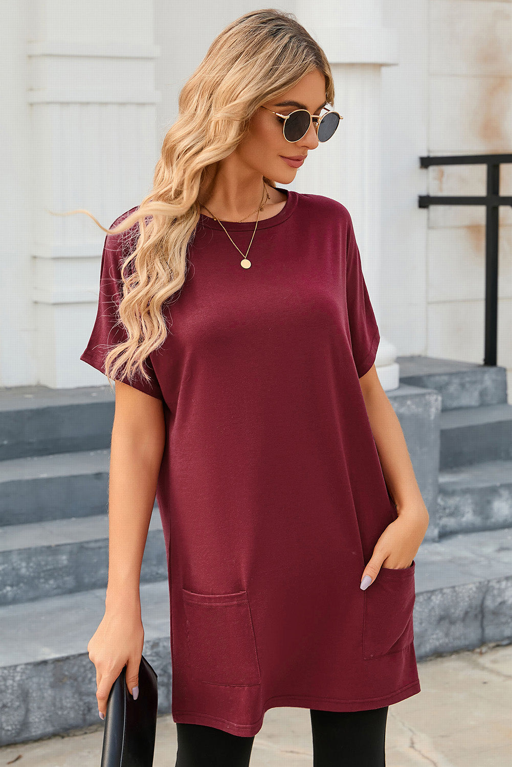 Side Pockets Short Sleeve Tunic Top | Red