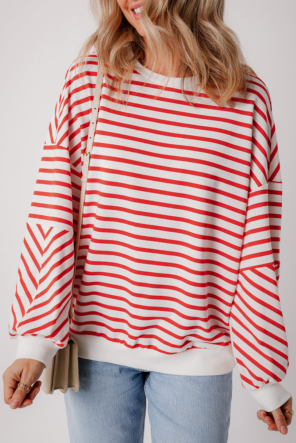 Drop Shoulder Crew Neck Loose Sweatshirt | Orange Stripe