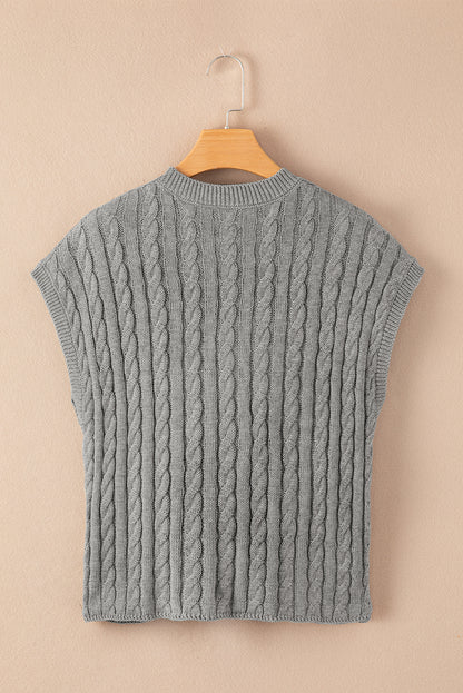 Crew Neck Cable Knit Short Sleeve Sweater | Gray