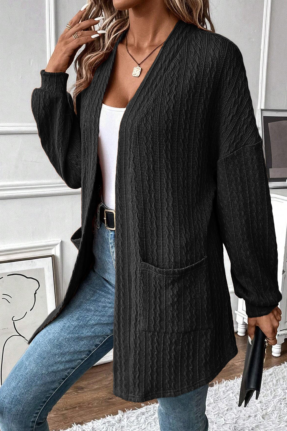 Textured Knit Side Pockets Open Front Cardigan | Black