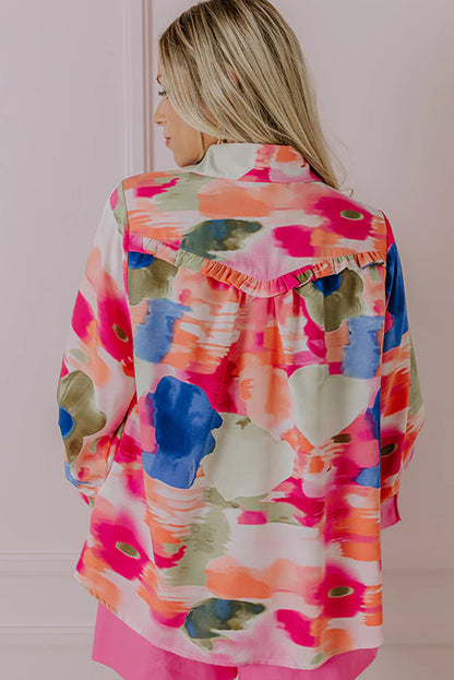 Abstract Print Ruffled Puff Sleeve Shirt | Rose