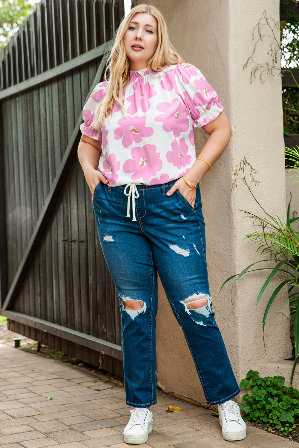 Floral Ruffled Mock Neck Puff Sleeve Plus Size Blouse | Purple