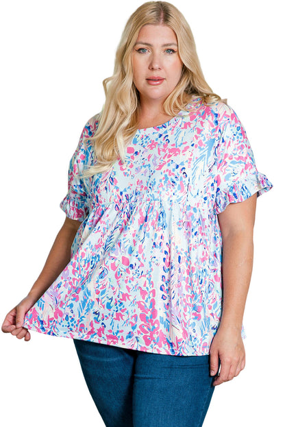 Vibrant Botanical Print Frill Short Sleeve Plus Size Top | Purple