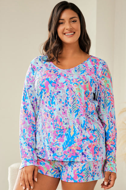 Plus Size Floral Print Long Sleeve And Shorts Lounge Outfit | Sky Blue