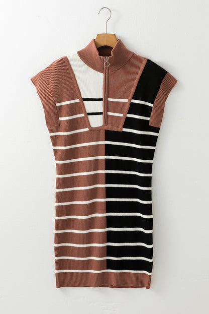 Colour Block Quarter Zip Collar Short Sleeve Sweater Dress | Black Stripe