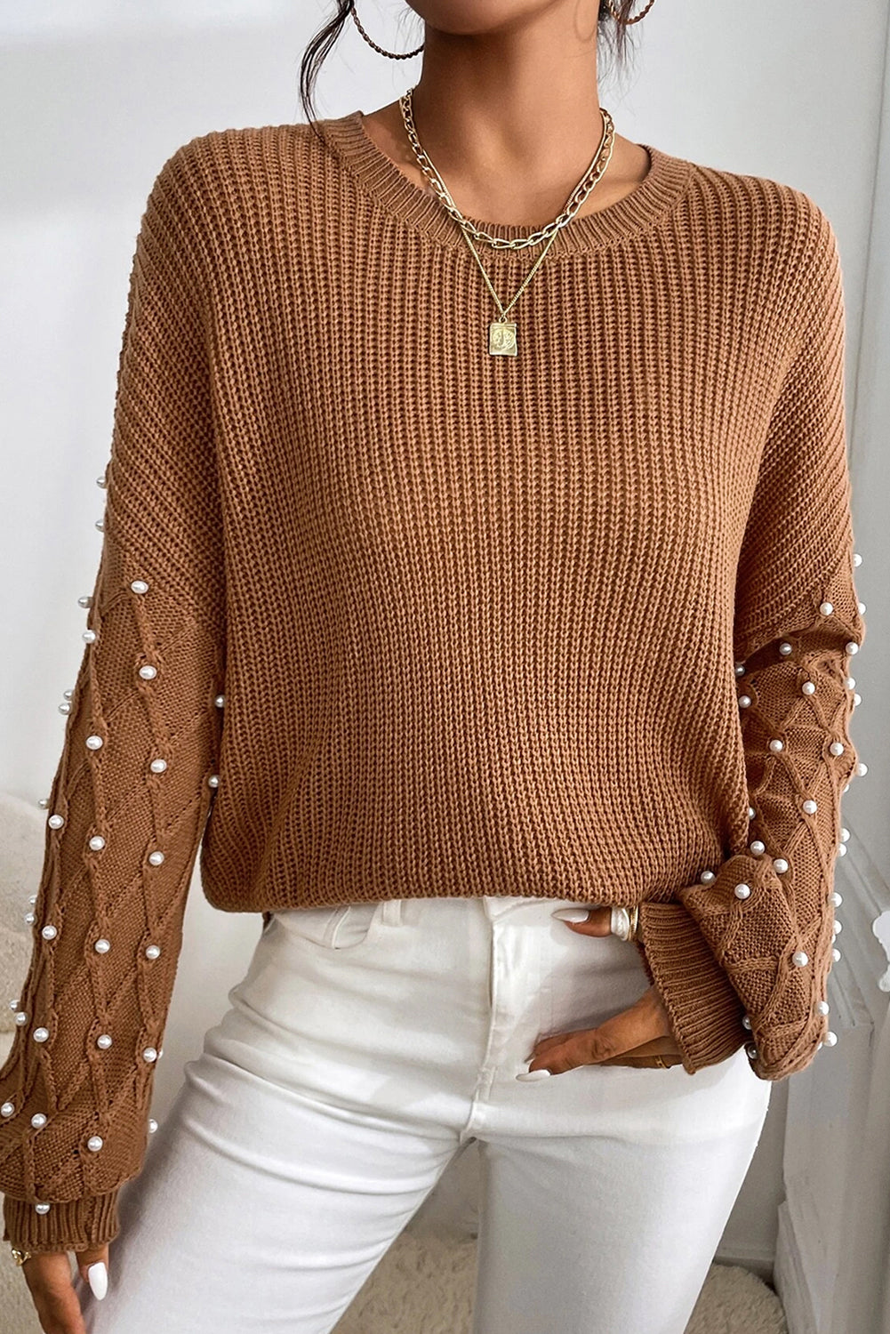 Beaded Drop Shoulder Round Neck Sweater | Chestnut